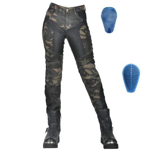SHAIYOU Pantalones Motocicleta Mujer, Pantalones Vaqueros Elásticos Protectores Mujer, Tela Transpirable, Pantalones Seguridad Para Carreras Motocross Con 4 Armaduras Extraíbles (Green,4XL)