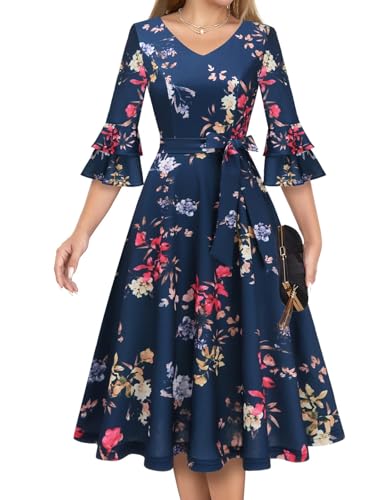 Image of DRESSTELLS Women's Cocktail Dress Summer Wedding Guest Party Vintage 3 /4 Bell Sleeve V Neck A-Line Dress
