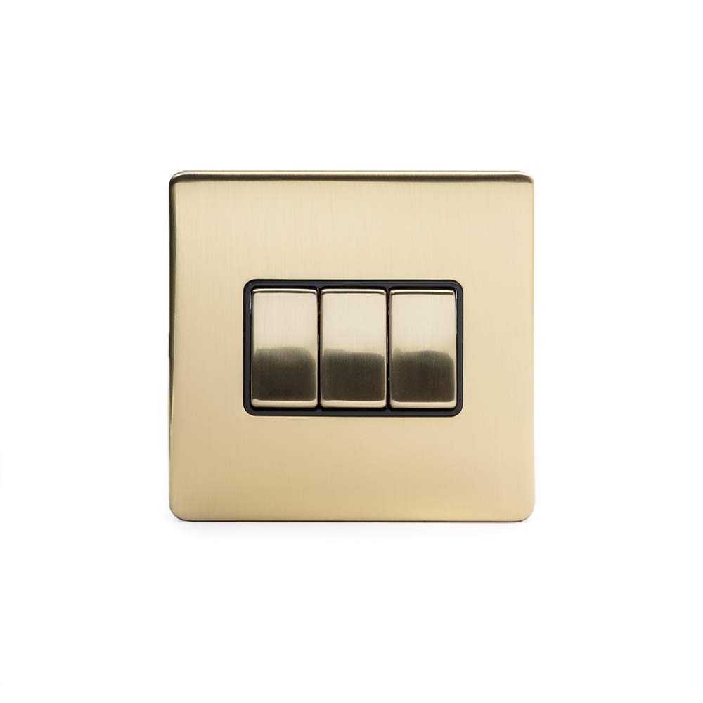 Soho Lighting Brushed Brass Gold 3 Gang Intermediate Light Switch Black Insert Screwless