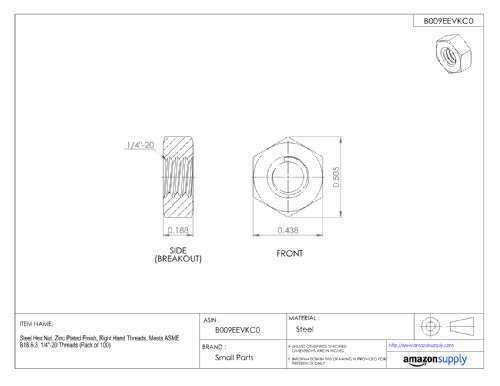 Steel Machine Screw Hex Nut, Zinc Plated Finish, Asme B18.6.3, #3-48 Thread Size, 1/16" Width Across Flats, 3/16" Thick (Pack Of 100) #TOP1