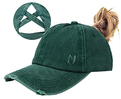 Muryobao Women Ponytail Criss Cross Messy Buns Ponycaps Baseball Cap Adjustable Cotton Distressed Dad Trucker Hat For Outdoor Sports Travel Green #TOP9