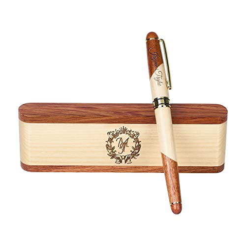 Ensemble de stylos en bois gravés, stylo exécutif et boîte avec personnalisation gratuite, stylo à bille avec étui pour cadeau (E)