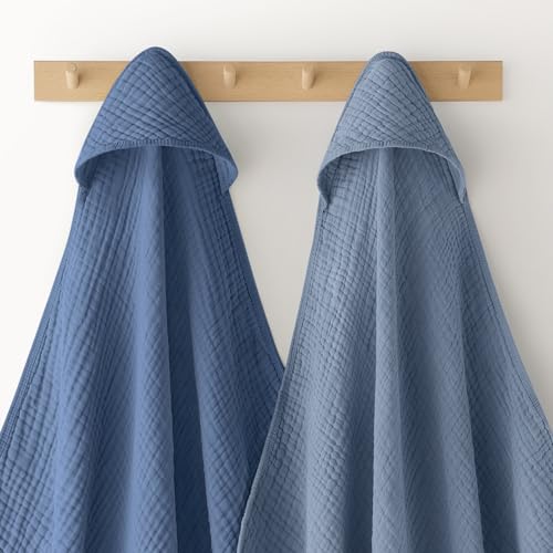 Image of Looxii Baby Bath Towels 2 Pack Muslin Hooded Baby Towels for Newborn and Infants, 100% Cotton, Large 32x32Inch, Soft and Absorbent Gradient Blue