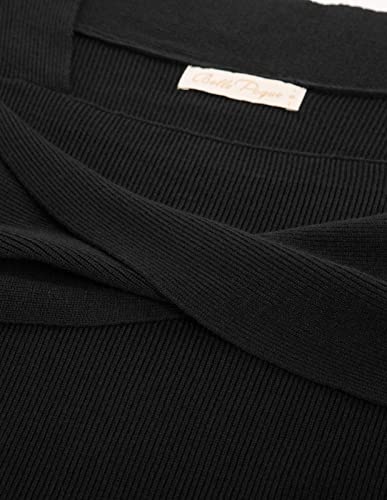 Belle Poque Women's Twist Front Square Neck Long Sleeve Knit Slim Fit Bodycon Sweater Dress Fall Winter Black S #TOP4
