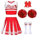 PIXUYE Deguisement Pompom Carnaval Girl Costume Cheerleader Fille avec Barrette Nœud Bâton de Majorette Pompons et Chaussettes, Cheerleader Uniforme pour Halloween Carnaval Fêtes,Red 120