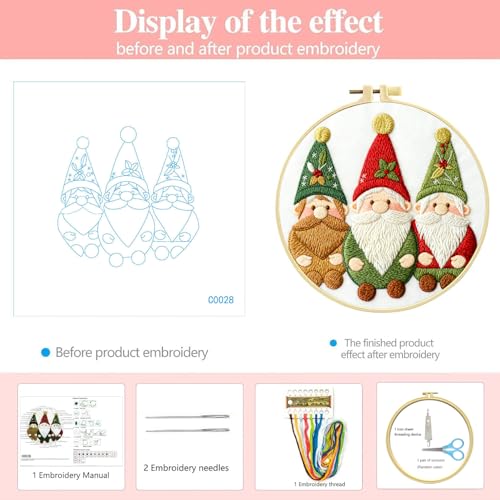 Image of Zhenqing 3 Gnomes Embroidery Kit for Beginners - 29x29cm Printed Fabric, Hoop & Full Tools Included (C0028)