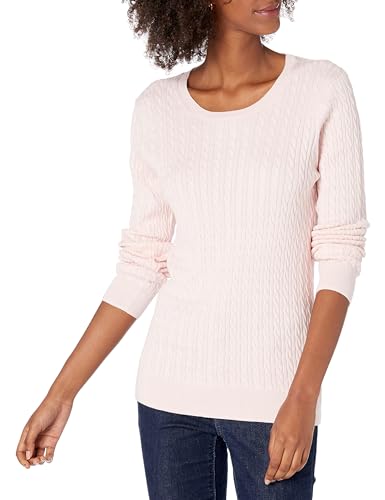 Amazon Essentials Women's Lightweight Cable Knit Long-Sleeve Crewneck Jumper (Available in Plus Size), Light Pink, M