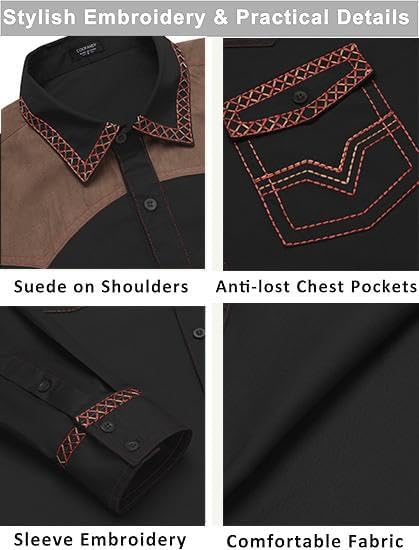 COOFANDY Men's Western Cowboy Shirt Embroidered Long Sleeve Slim Fit Casual Cotton Button Down Hippie Shirts with Pockets - Image 5