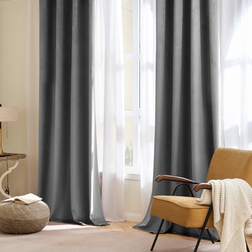 MIULEE Grey Velvet Curtains for Bedroom 2 Panel Set 102 Inch Drop Curtains - Image 2