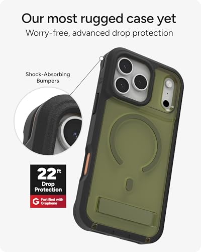 Image of ZAGG Rainier Case with Kickstand for iPhone 17 Pro Max - Green Sea Kelp, Graphene 22ft (7m) Drop Protection, Lanyard Attach Points, MagSafe, Wireless Charging Compatible, 2-Piece Design, Phone Case