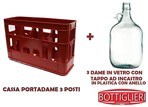 BOTTIGLIERI CASALINGHI Kit Cassa Porta Dame con 3 Dame in Vetro da 5 Litri comprese di Tappo in PVC con Anello per Alimenti, Ideale per Il Trasporto e la conservazione in casa
