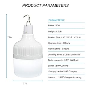 LETOUR Lampadina da Lavoro a Sospensione, Luce a LED di Campeggio Ricaricabile Tramite USB, 5000 Lumen, 5 Livelli Dimmerabile, Luce Esterna Portatile da Campeggio / Terrazza / Giardino / Barbecue - immagine 6