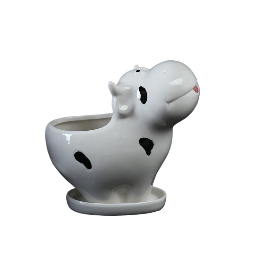 GELASIGE Flower Pots Cow Succulent Flowerpot, Office Desk Decoration, Creative Ceramic Flowerpot With Tray Outdoor Flower Pots(A)