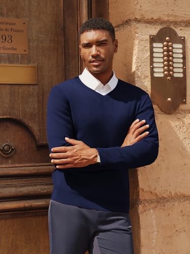 PJ PAUL JONES Mens Lightweight Sweater Ribbed Long Sleeve Sweaters Casual V Neck Knit Textured Pullover Business Office Work Navy Blue M4