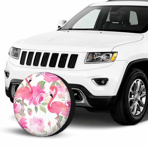 Image of Floral Flamingo Leaves Spare Tire Cover for RV Trailer Watercolor Tropical Beautiful Bird Wheel Protectors Weatherproof Polyester Tire Case for All Cars SUV Camper Travel 15 inch