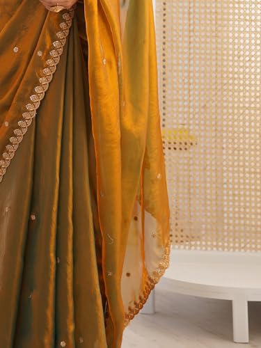 Image of AKHILAM Women's Shimmer Tissue Embroidered Saree With Unstitched Blouse Piece