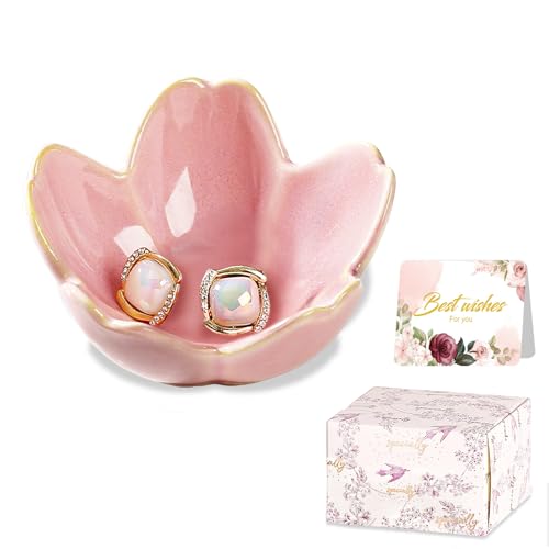 Ceramic Jewelry Dish Ring Holder Jewelry Tray Vanity Organizer Pink Room Decor Aesthetic Dorm Bathroom Decor Decorative Trinket Dish for Rings Earrings Necklaces Birthday Christmas Gifts for Women