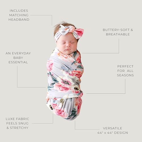 Image of Posh Peanut Swaddle Blanket & Headband Set - Viscose from Bamboo Stretchy Baby Swaddle for Newborn Girls, Receiving Blanket or Nursing Cover