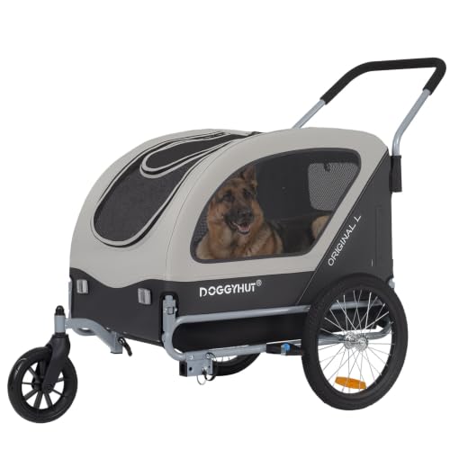 Doggyhut® Original Large Pet Bike Trailer & Stroller 2-in-1,for Dogs up to 78 lbs,Parking Brakes,Easy Folding Cart Frame, Quick Release Wheel, Universal Bicycle Coupler (Gray)