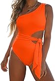 VamJump Womens One Shoulder Swimsuits Tummy Control One Piece Bathing Suits Cutout High Cut Tie Side Monokini, Orange L