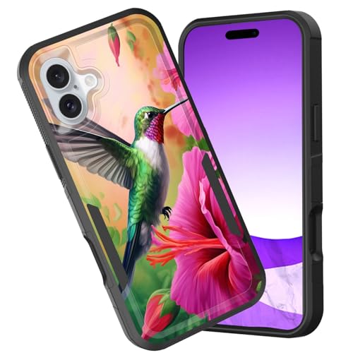 CICPLKSE for iPhone 16 Case,Dual Layer Heavy Duty Hybrid Shockproof Hard PC Soft Silicone TPU Bumper Protective Cover Case for iPhone 16 6.1 inch 2024,Cute Hummingbird in Flowers -  BSQH-iPhone 16-FBA-19