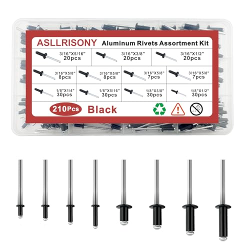Image of 210Pcs Black 3 /16 Inches,1 /8 Inches Pop Rivets Assortment Kit, 8 Sizes Aluminum Rivets,Aluminum blind rivets for metal Dome Head rivet kit