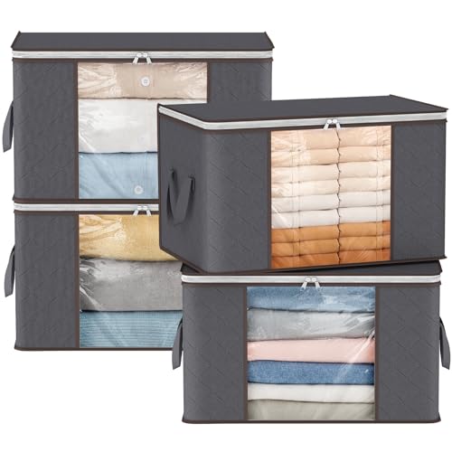 Lifewit Bolsa Almacenaje Ropa, Cajas Almacenaje Plegable, Organizador Armario, Cajas Mudanza, Bolsas con Asa Reforzada para Guardar Ropa, Mantas, Edredones, Gris, 65L, 4 Piezas