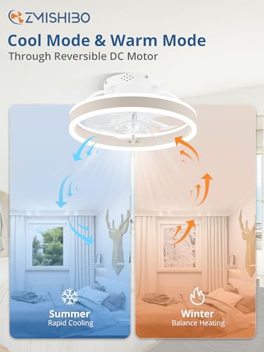 Image of ZMISHIBO Low Profile Ceiling Fans with Lights and Remote, 13 Inch Fandelier Ceiling Fan with Light, White Modern Flush Mount Ceiling Fan, Small Dimmable LED Fan Lights for Bedroom