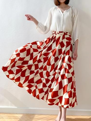 Women's Mulberry Silk Plaid Midi A-Line Skirt with Elastic Waist Satin Casual Skirt4