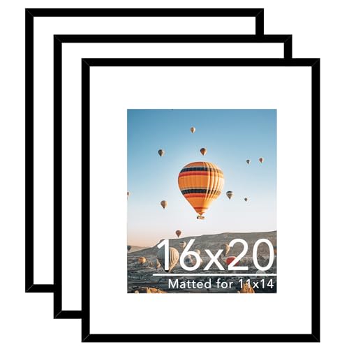 JCJMY 16x20 Picture Frame Set of 3 with 11x14 Mat Display Photo 11x14 with Mat or 16 x 20 Without Mat Wall Hanging Large 16 by 20 Poster Frame with Plexiglass 3 Pack Black