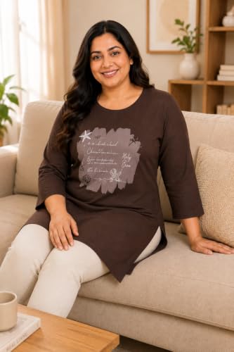 Image of RYSH Women's Plus Size Printed Nightshirt | Round Neck | 3 /4 Sleeve | Relaxed Fit Long Nightwear Top |