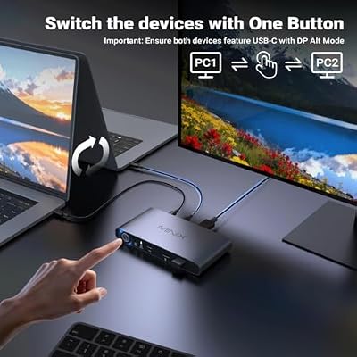 MINIX K1 USB C KVM Switch 1 Monitors 2 Computers, 4K@120Hz HDR, 100W PD 3.0, Dual USB-C Input KVM Switches, Share Keyboard & Mouse, Aluminum Design, Compatible with Windows, Mac, Linux, Android