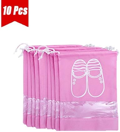 UQueen 10 pcs Travel Blue Transparent Dustproof Non-woven Fabrics Drawstring Multifunctional Shoe Storage Bag Pocket Case Organizer with Visual Window for Men Women (Medium Size, Pink)