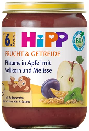HiPP Bio Pflaume in Apfel mit Vollkorn und Melisse (6 x 190g), ab 6. Monat, mit Bio-Vollkorngetreide und wohltuenden Kräutern, nur natürliche Süße aus Früchten, in bester Bio-Qualität