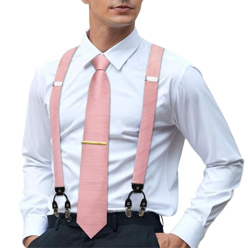 Image of Hi-Tie Men's Suspenders and Tie Set Silk Adjustable Elastic Y Braces with Strong 6 Clips Pocket Square Set