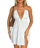 Coloquin Women Sexy Halter Backless Mini Dress Sundress Flowy Swing A Line Short Dress Beach Going Out Dresses White S