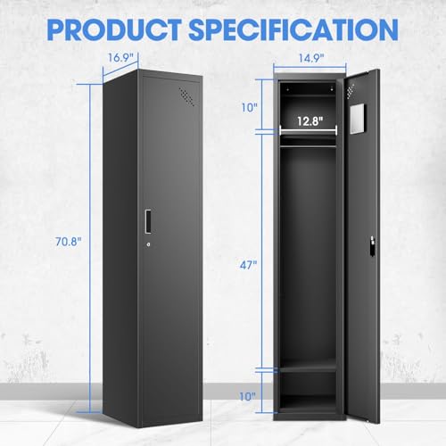 Image of DNA Motoring Metal Storage Cabinet for Employees with Keys, 71 inch Employees Metal Locker with 1 Doors, Tall Storage Lockers for Garage,Office,Home,Gym, Black, TOOLS-00787-BK-BK
