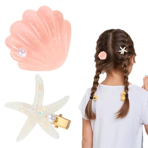 Starfish Hair Clip Set, 2pcs Seashell Hair Clips, Mermaid Hairs Clips for Women and Girls, Shell Hair Accessories Seashell Hair Clips for Beach, Wedding, Party (Pink and White)