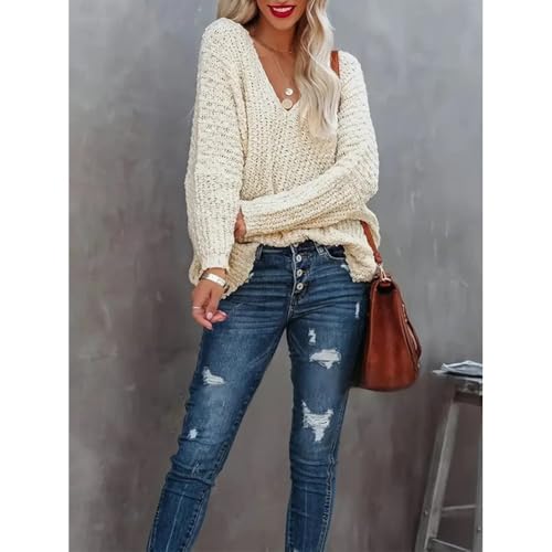 Women's Off-The-Shoulder Sweater Loose Lightweight Pullover Top V-Neck Hollow Knitted Long-Sleeved Solid Color Autumn4