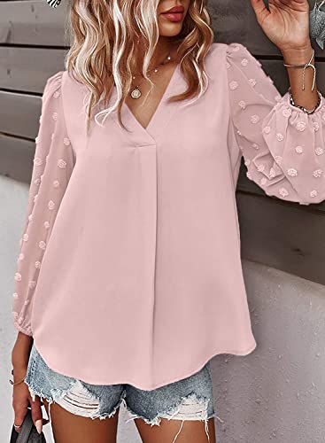 Samefar Women's Casual V Neck Long Sleeve Shirt Pom Pom Tops Loose Flowy Chiffon Blouses Summer Pink X-Large #TOP1