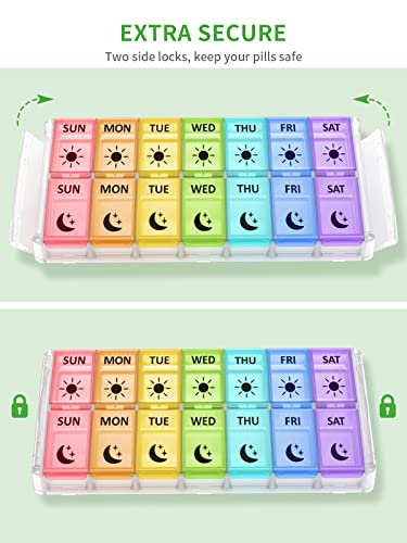 Image of Fullicon Quick Fill, Pill Organizer 2 Times a Day, Rainbow Clear | Each Compartment Holds 15 Fish Oils, 30 Vitamins, or 25 Capsules, Two Side Buckle Locks, Detachable Base, BPA Free Plastic