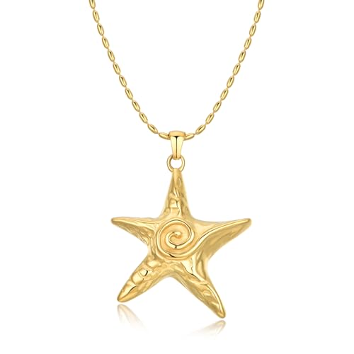 18K Gold Plated Starfish Pendant Necklace Stainless Steel Conch & Pearl Chain Choker for Women Ocean Jewelry