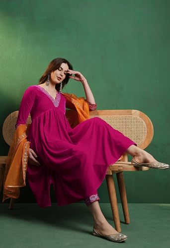 Image of SheWill Women's Zari Sequence Embroiderd Velvet Kurta with Pant and Dupatta| Salwar Suit Set with Dupatta| Velvet Kurta Set Women| Kurta Set for Women|Kurta Set with Dupatta for Women| Anarkali Kurta
