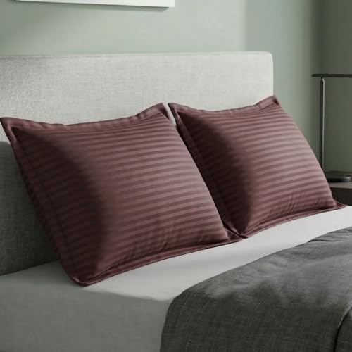 Image of Home Sizzler 210TC Satin Stripe Microfibre King Size Pillow Covers (18 X 27 Inches) - Brown, Set of 2