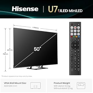 Hisense 50" 50U7QTUK MiniLED QLED 144Hz Smart AI TV - Hi-View AI Engine, 144Hz Game Mode PRO, 2.1 Channel, Dolby Atmos, Quantum Dot Colour, Anti-Reflection with Freely, Disney +, YouTube, Netflix