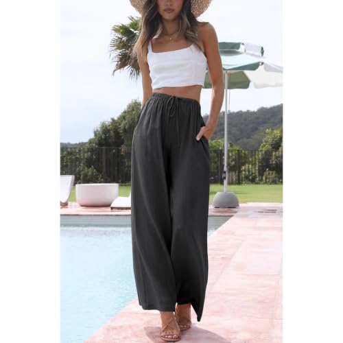 Image of Duyang Womens Cotton Linen Palazzo Pants Drawstring Elastic Waist Casual Wide Leg Trousers with Pockets