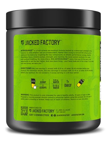 Image of Jacked Factory NITROSURGE Pre Workout Supplement - Energy Booster, Instant Strength Gains, Clear Focus & Intense Pumps - NO Booster & Powerful Preworkout Energy Powder - 30 Servings, Pineapple Mango