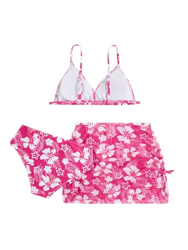 Image of COZYEASE Girls' 3 Piece Set Floral Print Bikini Swimsuit with Drawstring Beach Skirt Cute Ruched Bathing Suit