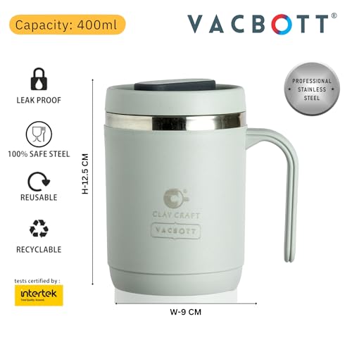 Image of CLAY CRAFT VACBOTT Dyona 400ML (Light Grey) Premium Stainless Steel Puf-Insulated Flask Mug| Long Hrs Hot & Cold|Airtight, BPA-Free, Leak-Proof Travel Mug with Handle| Made in India