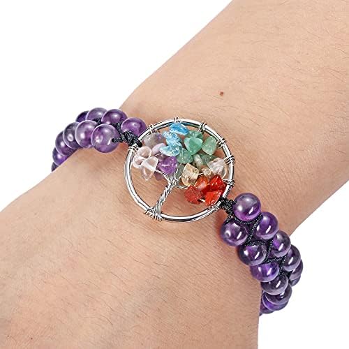 JOVIVI Tree of Life Chakra Crystal Bracelets,2pc 7 Chakras Amethyst Reiki Stones Healing Crystals Natural Gemstone Beads Meditation Bracelet for Women Men Gifts Christmas
